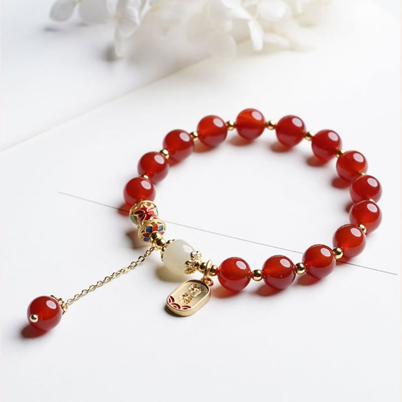 Natural Red Agate and Hetian Jade Copper Fu Symbol Beaded Charm Bracelet