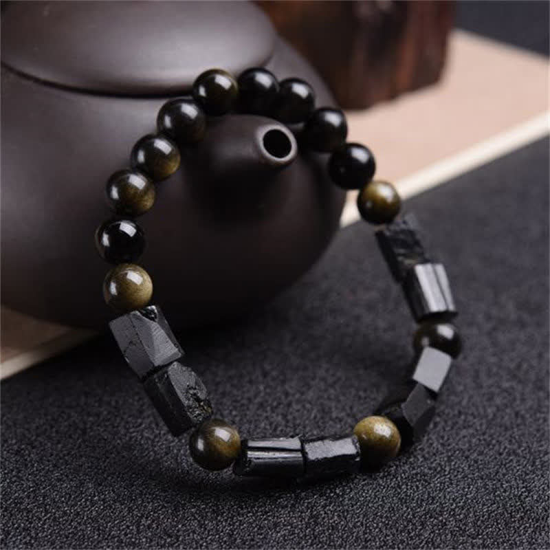 Handmade Gold Sheen Obsidian and Black Tourmaline Beaded Elastic Bracelet