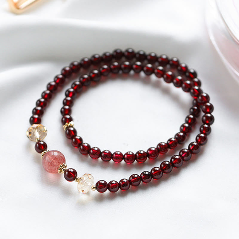 14K Gold Plated Natural Garnet Strawberry Quartz Stability Double Wrap Bracelet