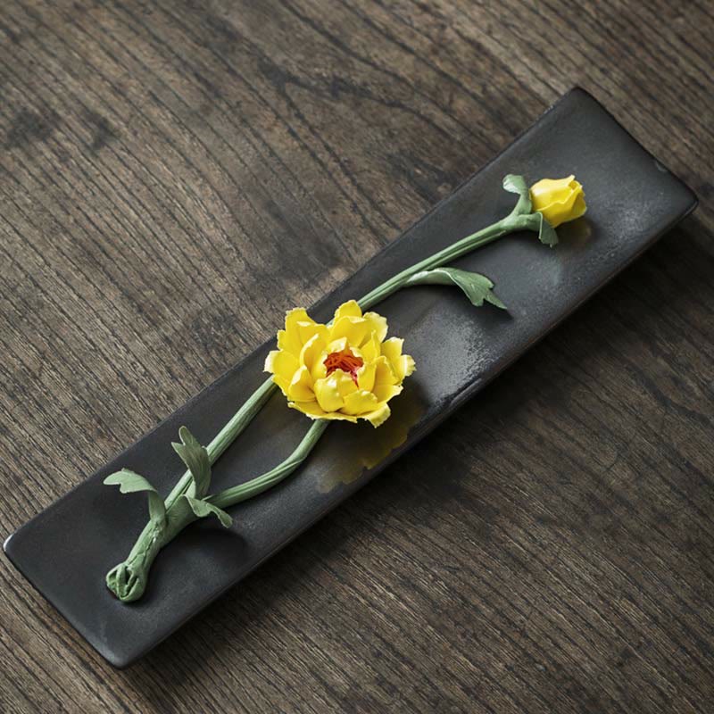 Zeniora Ceramic Incense Burner with Peony & Lotus Motifs for Mindful Ambiance