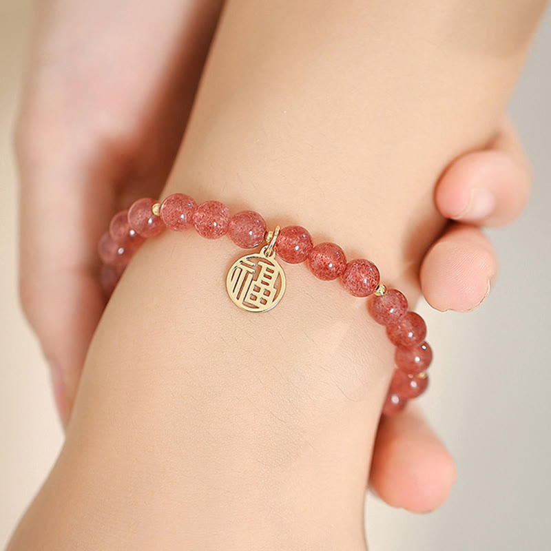 14K Gold Plated Strawberry Quartz Fu Character Healing Charm Bracelet