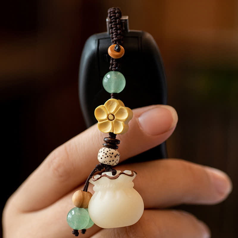 Handmade Bodhi Seed, Aventurine & Boxwood Money Bag Botanical Keychain