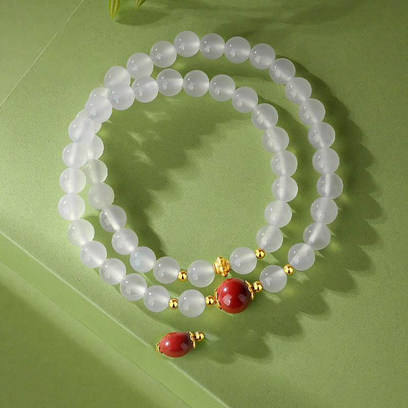 Natural White Agate and Cinnabar 925 Sterling Silver Double Wrap Bracelet