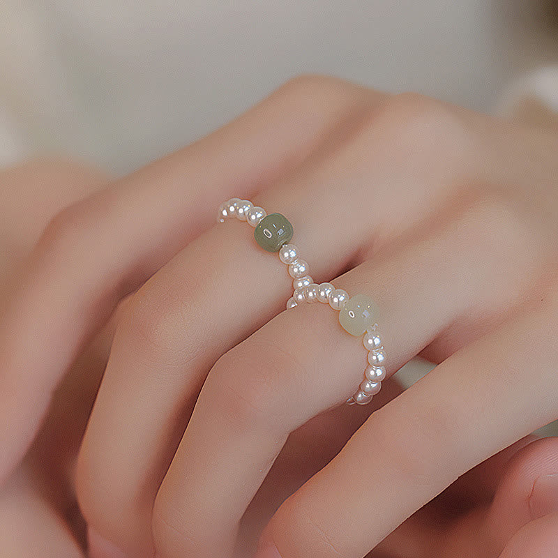Natural Round Jade and Pearl Beaded Minimalist Ring