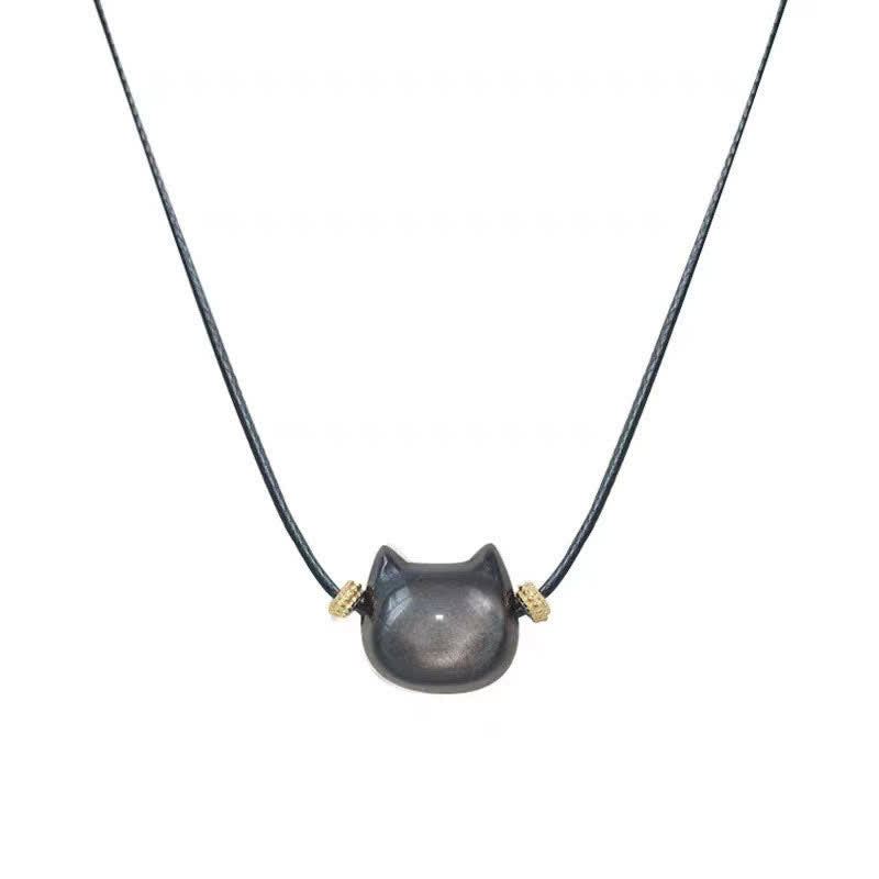 Handmade Gold & Silver Sheen Obsidian Feline Charm Beaded Bracelet