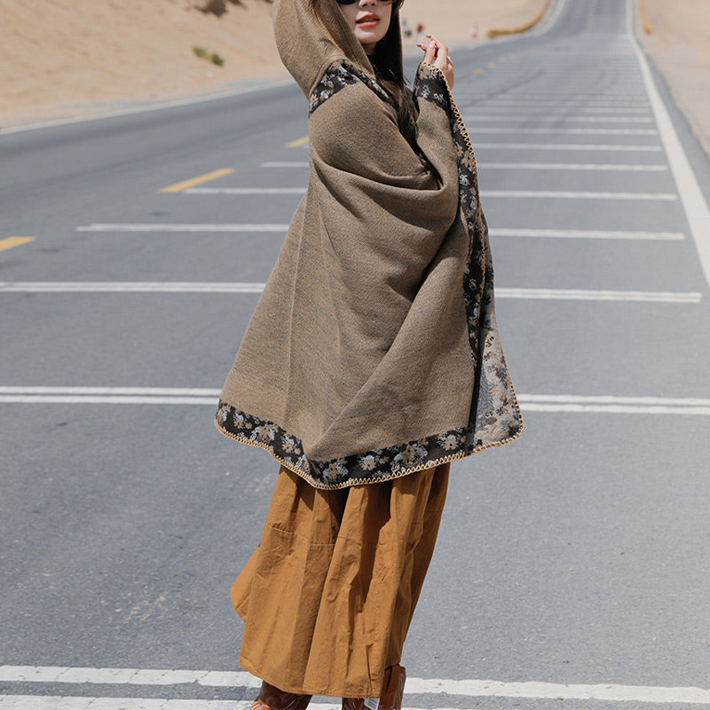 Tibetan Shawl Border Small Floral Flower Hooded Cloak Winter Cozy Travel Scarf Wrap