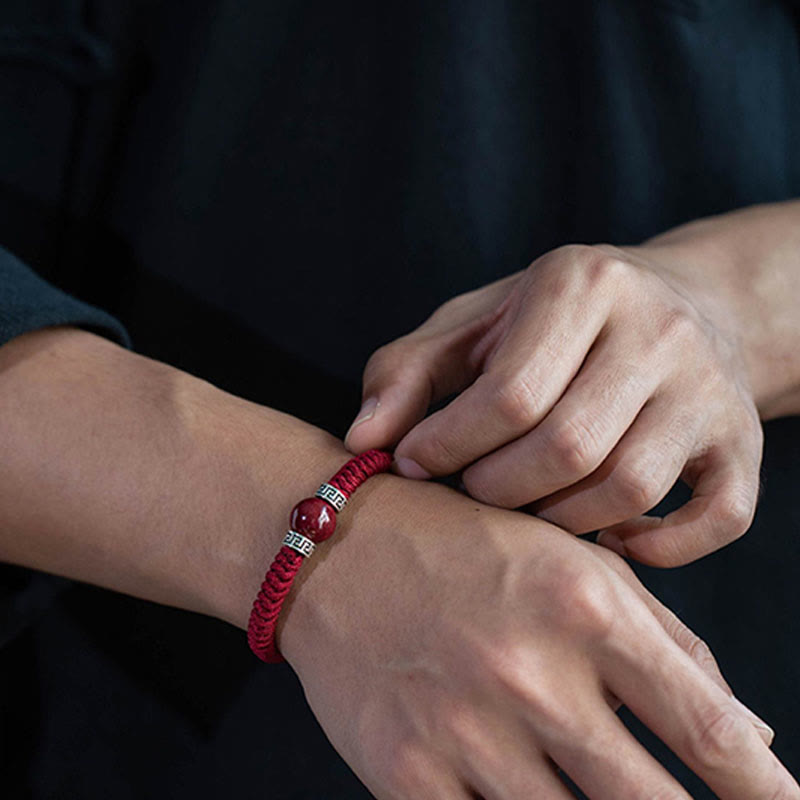 Handmade 925 Sterling Silver and Natural Cinnabar Braided Red String Bracelet