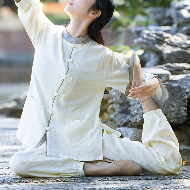 2Pcs Frog-Button Long Sleeve Shirt Top Pants Meditation Zen Tai Chi Cotton Linen Clothing Women's Set