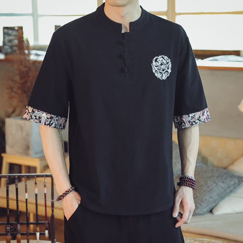Frog-Button Dragon Embroidery Chinese Tang Suit Short Sleeve Shirt Linen Men Clothing