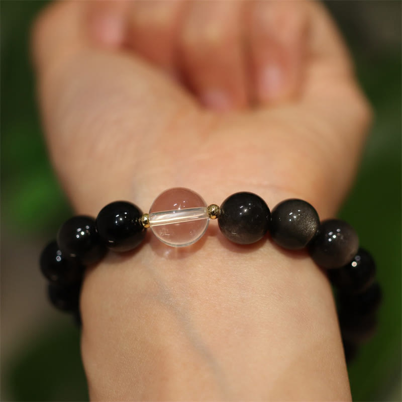 Yin Yang Couple Natural Crystal Bracelet with Silver Sheen Obsidian, Rose Quartz & Gold Accents