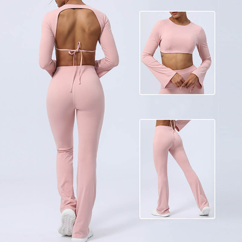 Long Sleeve Backless Strap Top Bra Flare Pants Fitness Yoga Outfit