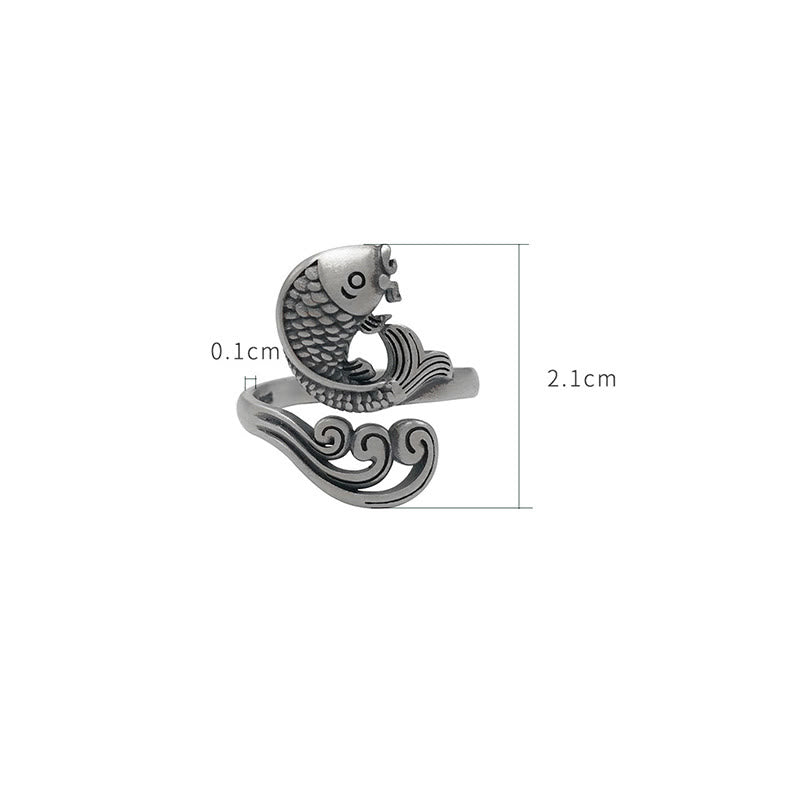 925 Sterling Silver Koi Fish Water Ripple Adjustable Ring