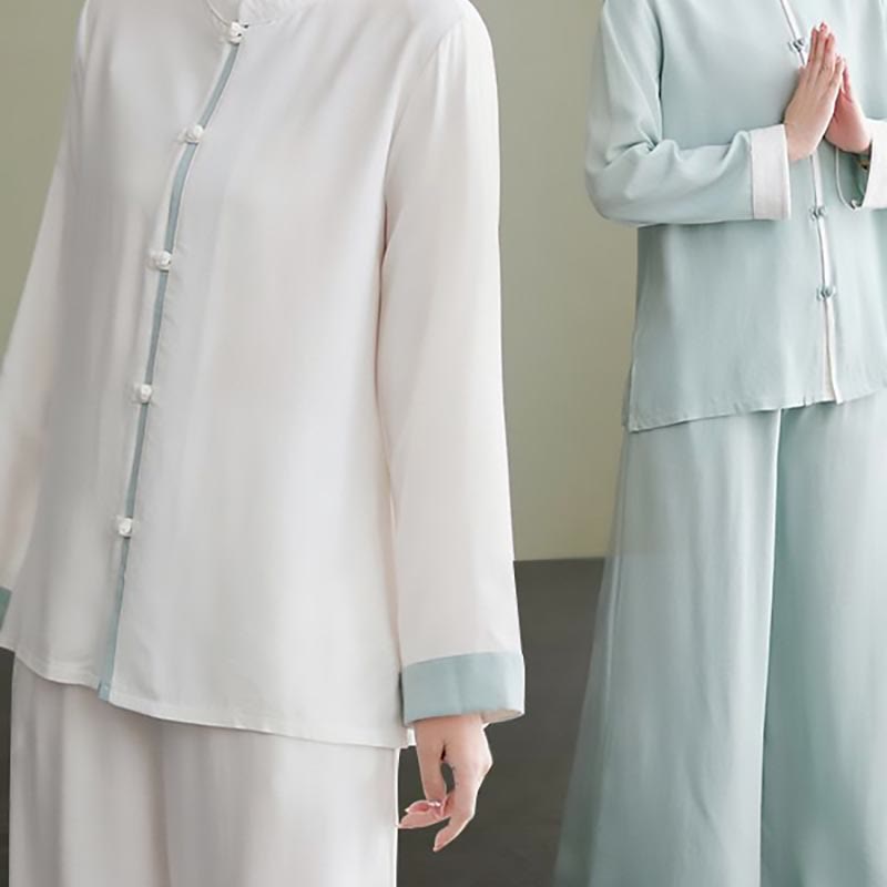 2Pcs Tang Suit Long Sleeve Shirt Top Pants Meditation Zen Tai Chi Cotton Linen Clothing Women's Set