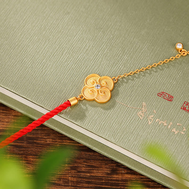 Handmade Red String Bracelet with Gold Plated 925 Sterling Silver Four-Leaf Clover and Zircon