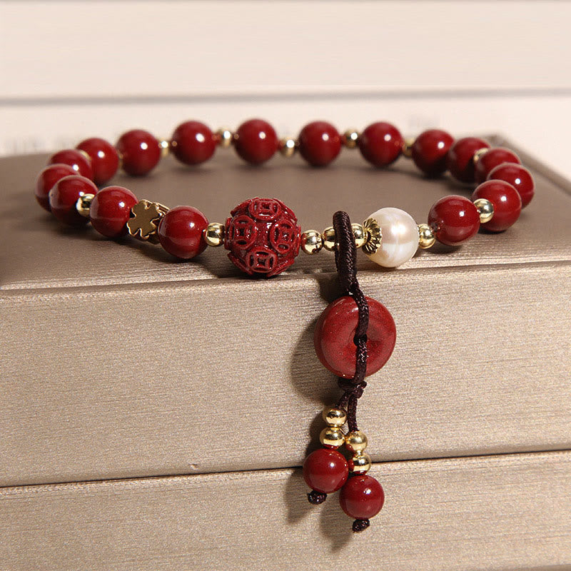 Natural Cinnabar Peace Buckle Copper Coin Charm Blessing Bracelet