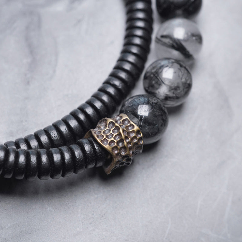 Black Rutilated Quartz Ebony Wood Copper Wisdom Couple Bracelet