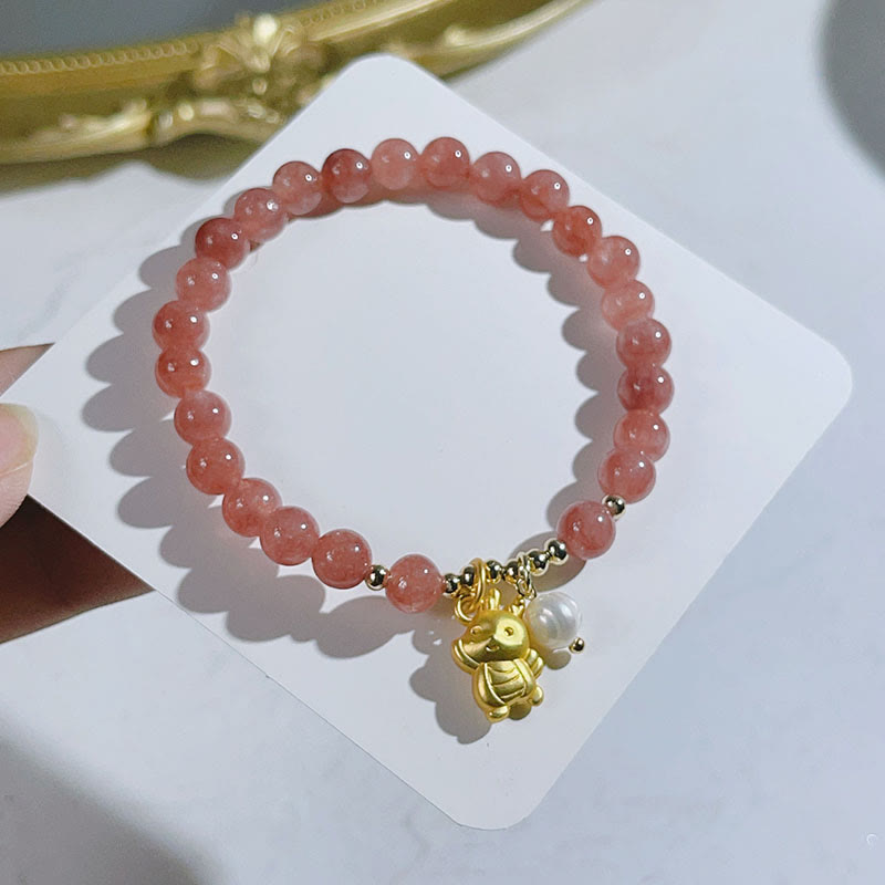 Year of the Dragon Strawberry Quartz Dragon Pearl Charm Protection Bracelet