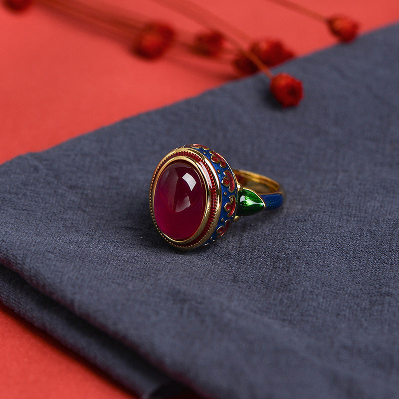 Adjustable 925 Sterling Silver Ruby Ring with Floral & Leaf Motifs