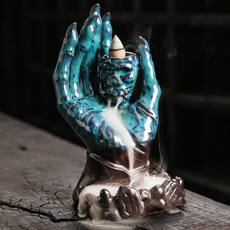 Ceramic Skull and Skeletal Hand Backflow Incense Burner for Atmospheric Meditation