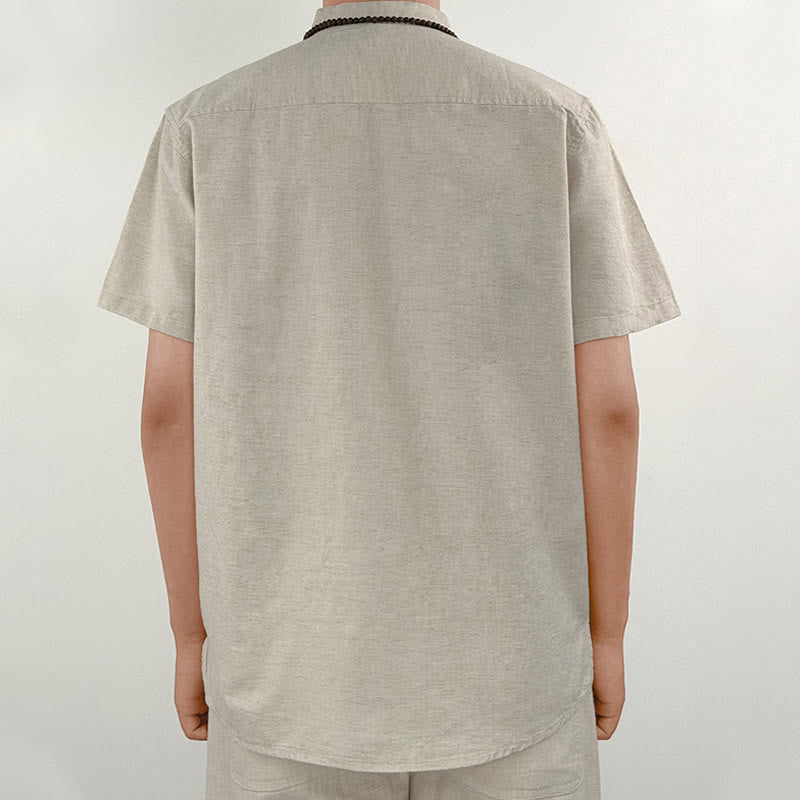 Solid Color Men Short Sleeve Button Linen Shirt