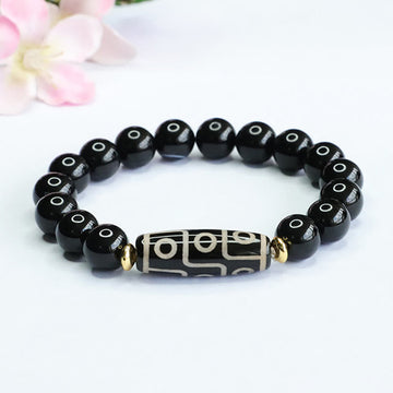 Tibetan Nine-Eye Dzi Bead and Black Onyx Grounding Beaded Bracelet