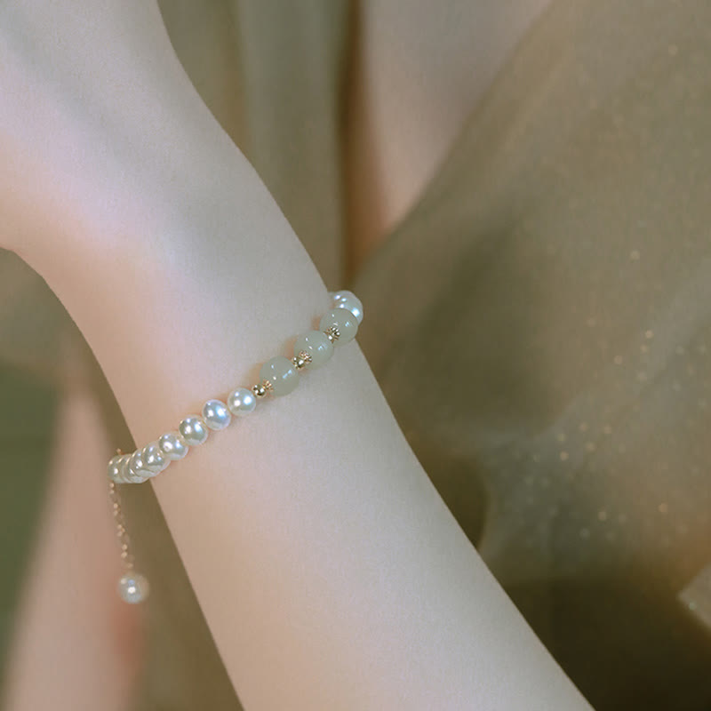 14K Gold Plated Natural Pearl & Hetian Jade Sincerity Bead Chain Bracelet