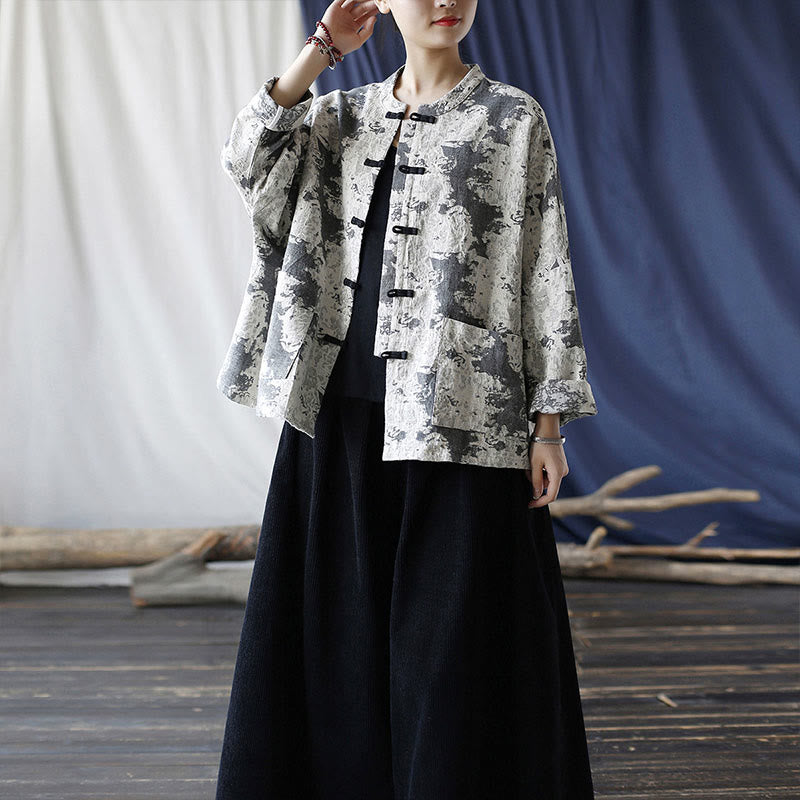 Black Gray Print Frog-button Design Long Sleeve Cotton Linen Jacket Shirt With Pockets