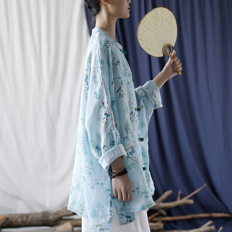 Light Green Pink Flowers Green Leaves Frog-Button Long Sleeve Ramie Linen Jacket Shirt