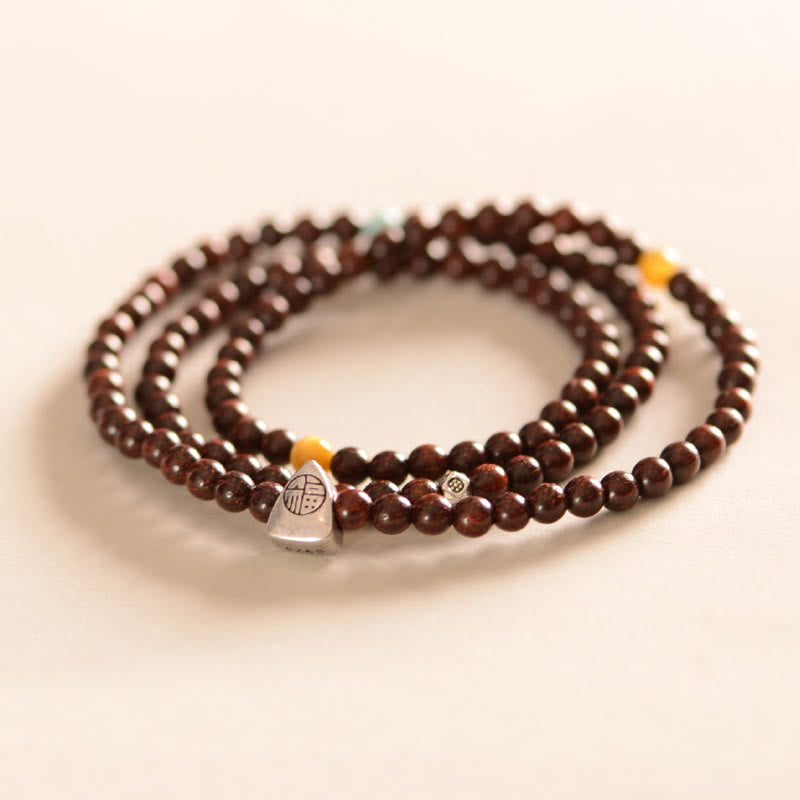 925 Sterling Silver Indian Small Leaf Red Sandalwood Fu Character Protection Triple Wrap Bracelet
