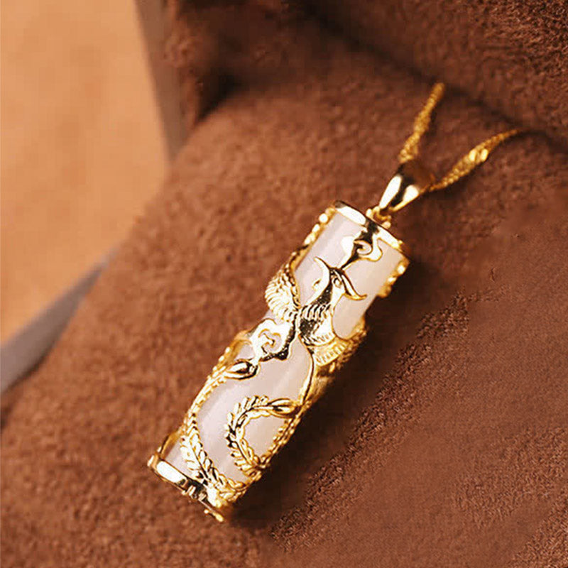Hand-Carved White Jade and Copper Dragon or Phoenix Harmony Pendant Necklace