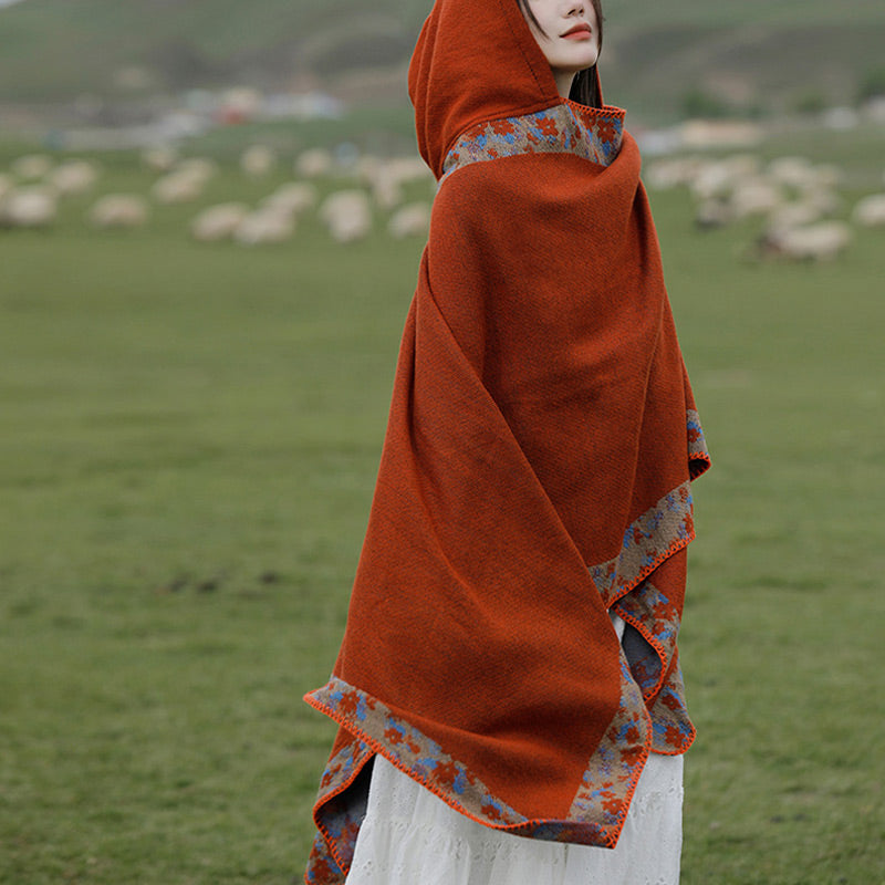 Tibetan Shawl Border Small Floral Flower Hooded Cloak Winter Cozy Travel Scarf Wrap