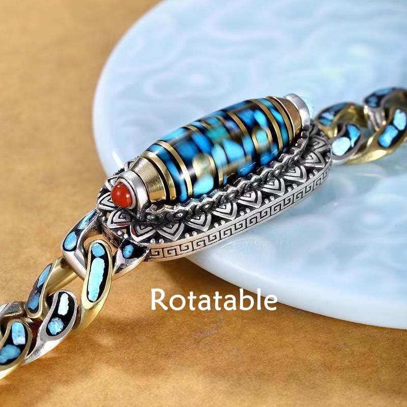 Tibetan Nine-Eye Dzi Bead Om Mani Padme Hum Turquoise Protection Rotatable Bracelet