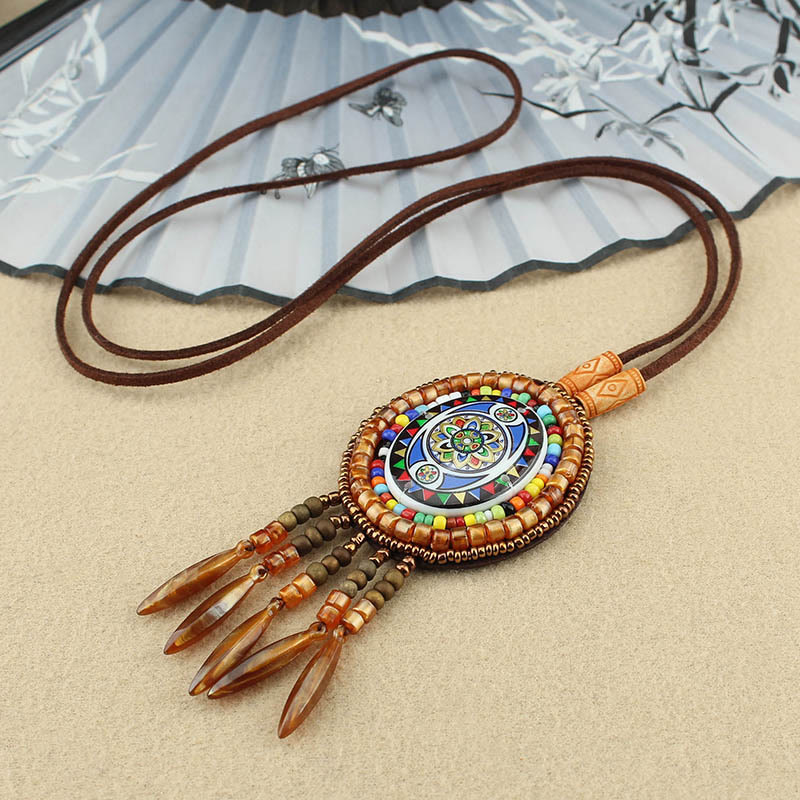 Mandala Pattern Geometric Creativity Pendant Necklace with Colorful Beads