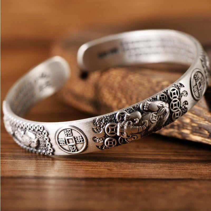 Tibetan PiXiu Heart Sutra Coin White Copper Wealth Bracelet Adjustable Bangle