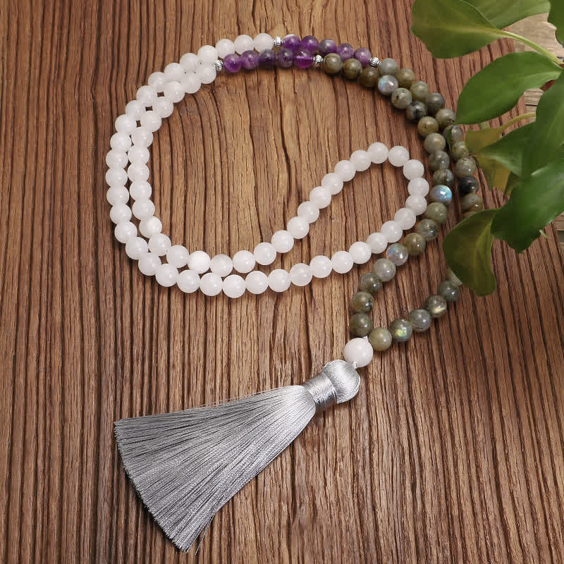 108 Mala Beads White Agate Amethyst Black Glitter Stone Protection Bracelet (Extra 35% Off | USE CODE: FS35)