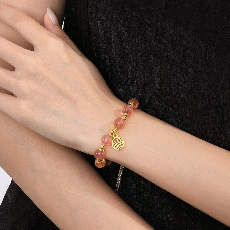 Natural Strawberry Quartz 14K Gold Plated Fu Character Charm Beaded Bracelet