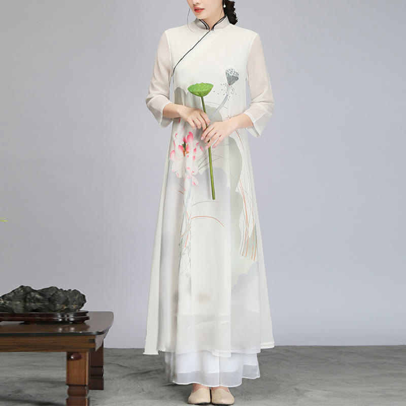 Lotus Flower Pod Chiffon Cheongsam Midi Dress Meditation Zen Practice Clothing