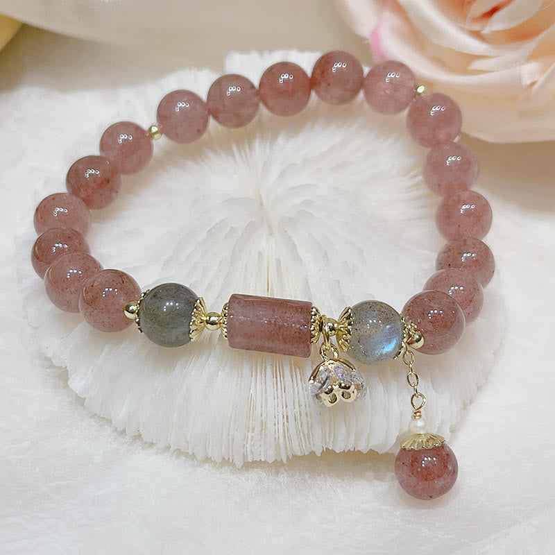 Natural Strawberry Quartz and Moonstone Stretch Gemstone Bracelet