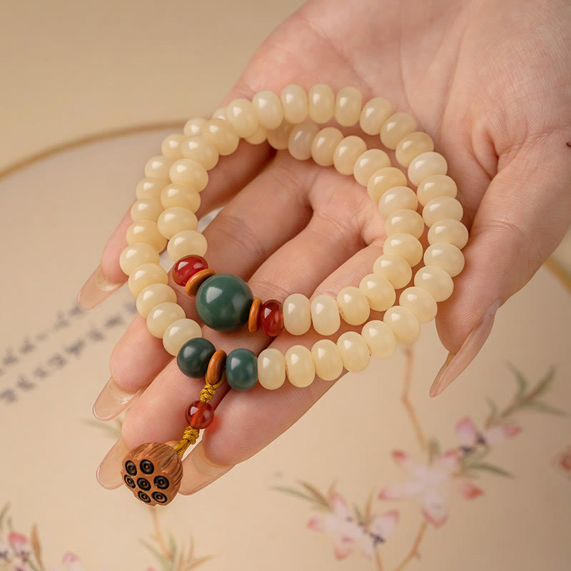 Natural Bodhi Seed and Lotus Pod Charm Double Wrap Mindfulness Bracelet