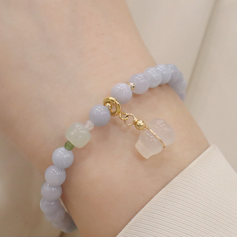 Natural Aquamarine & Chalcedony Beaded Charm Bracelet with Pearl & Symbolic Accents