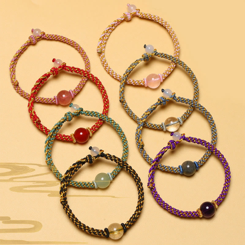 Handmade Red Agate Amethyst Golden Rutilated Quartz Pink Crystal Bead Calm Braided Bracelet