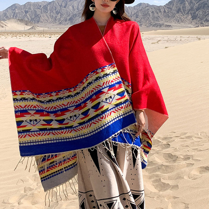 Tibetan Shawl Colorful Geometry Winter Cozy Travel Scarf Wrap
