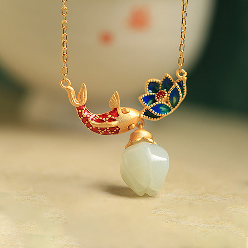 925 Sterling Silver White Jade Koi Fish Lotus Protection Necklace Pendant