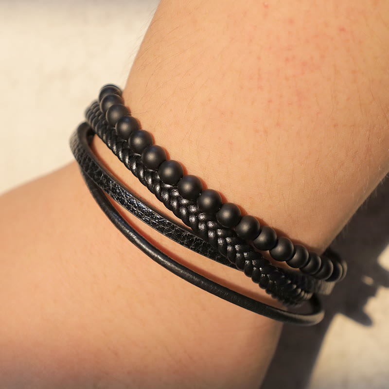 Natural Lava Rock Black Onyx Bead Leather Bracelet