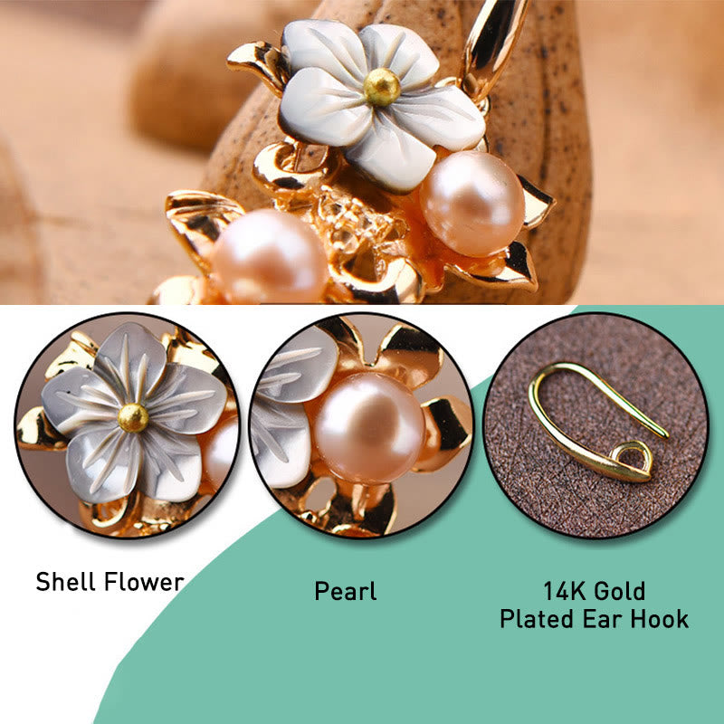 14K Gold Plated Tridacna Flower Pearl and Gemstone Drop Earrings