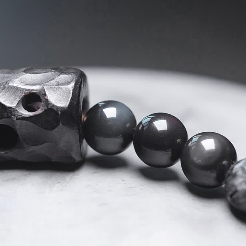Black Rutilated Quartz, Ebony Wood, Obsidian & Clear Quartz Copper Couple Bracelet