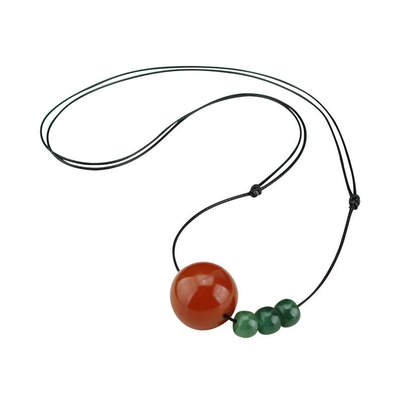 Red Agate Green Aventurine Green Bodhi Seed Bead Calm Leather Rope Necklace Pendant