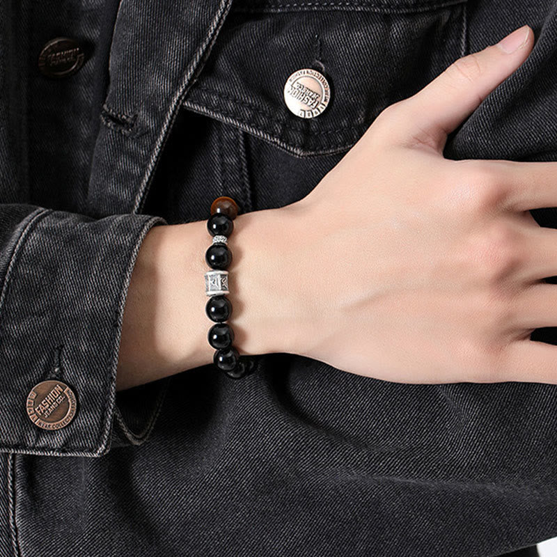 999 Fine Silver Om Mani Padme Hum Mantra Black Obsidian & Tiger Eye Beaded Bracelet