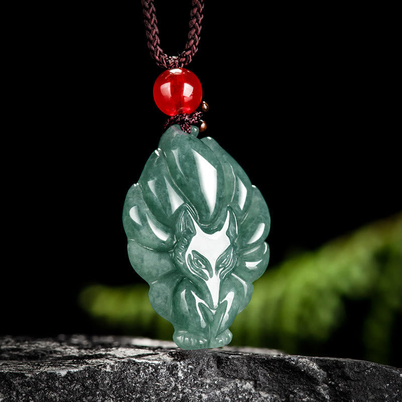Natural Green Jade Nine Tailed Fox Luck Necklace Pendant