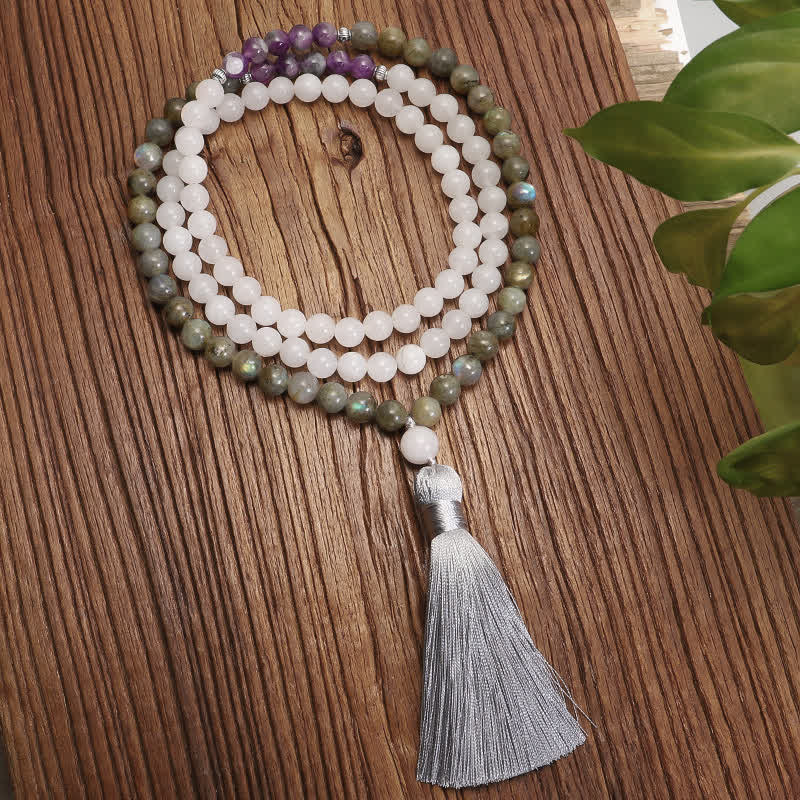 108 Mala Beads White Agate Amethyst Black Glitter Stone Protection Bracelet (Extra 35% Off | USE CODE: FS35)